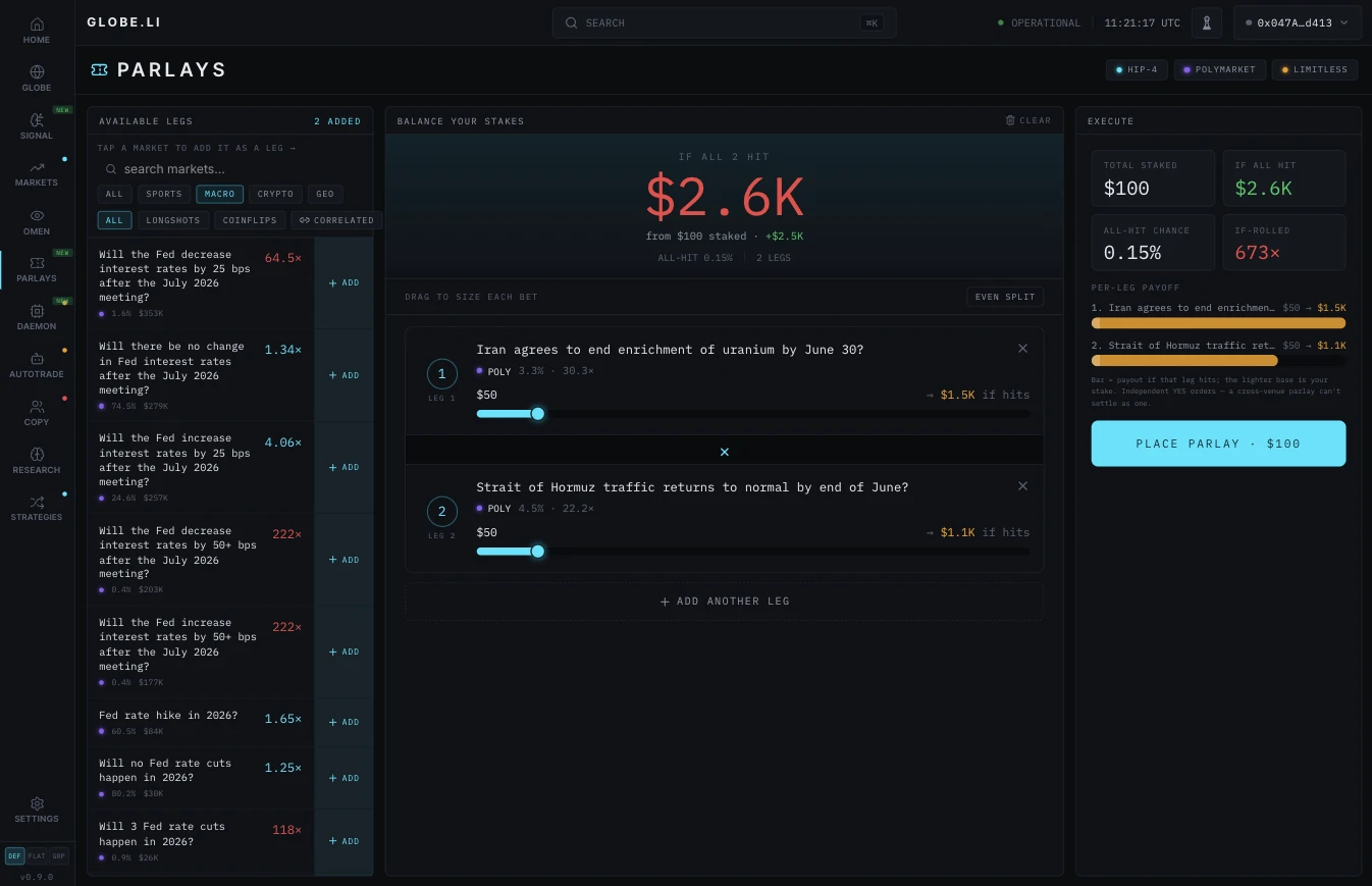 globe.li cross-venue parlay builder