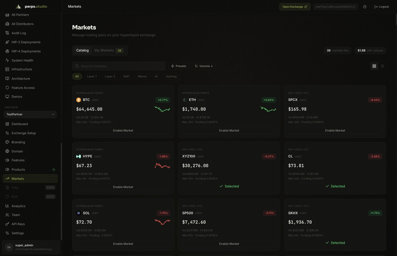 perps.studio admin portal markets configuration
