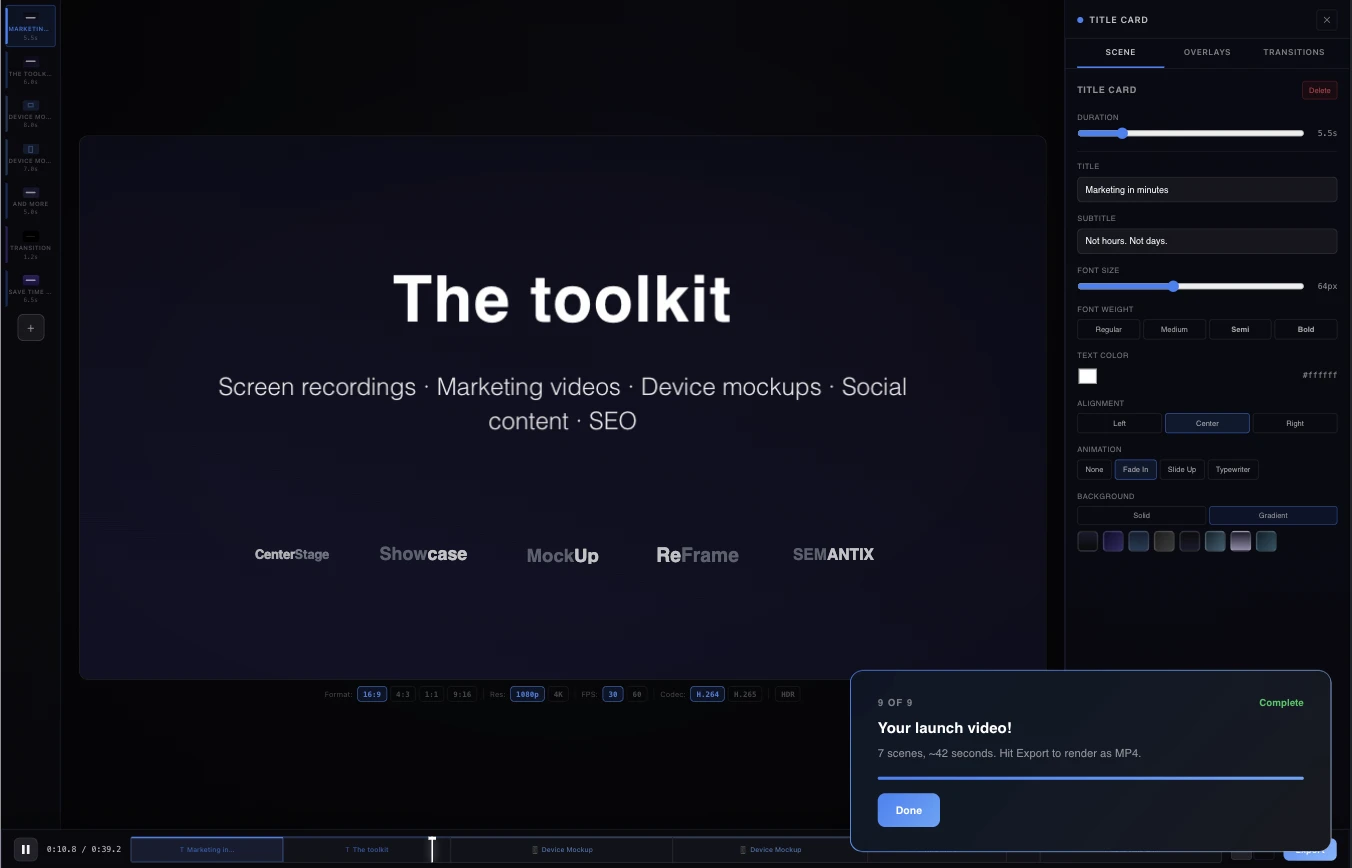 Shwcase — in-browser launch video studio